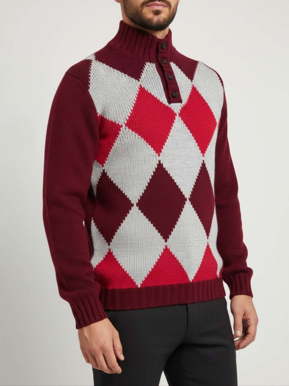 Andrea Fenzi Cashmere Argyle Mock Neck Sweater Made In Italy XL